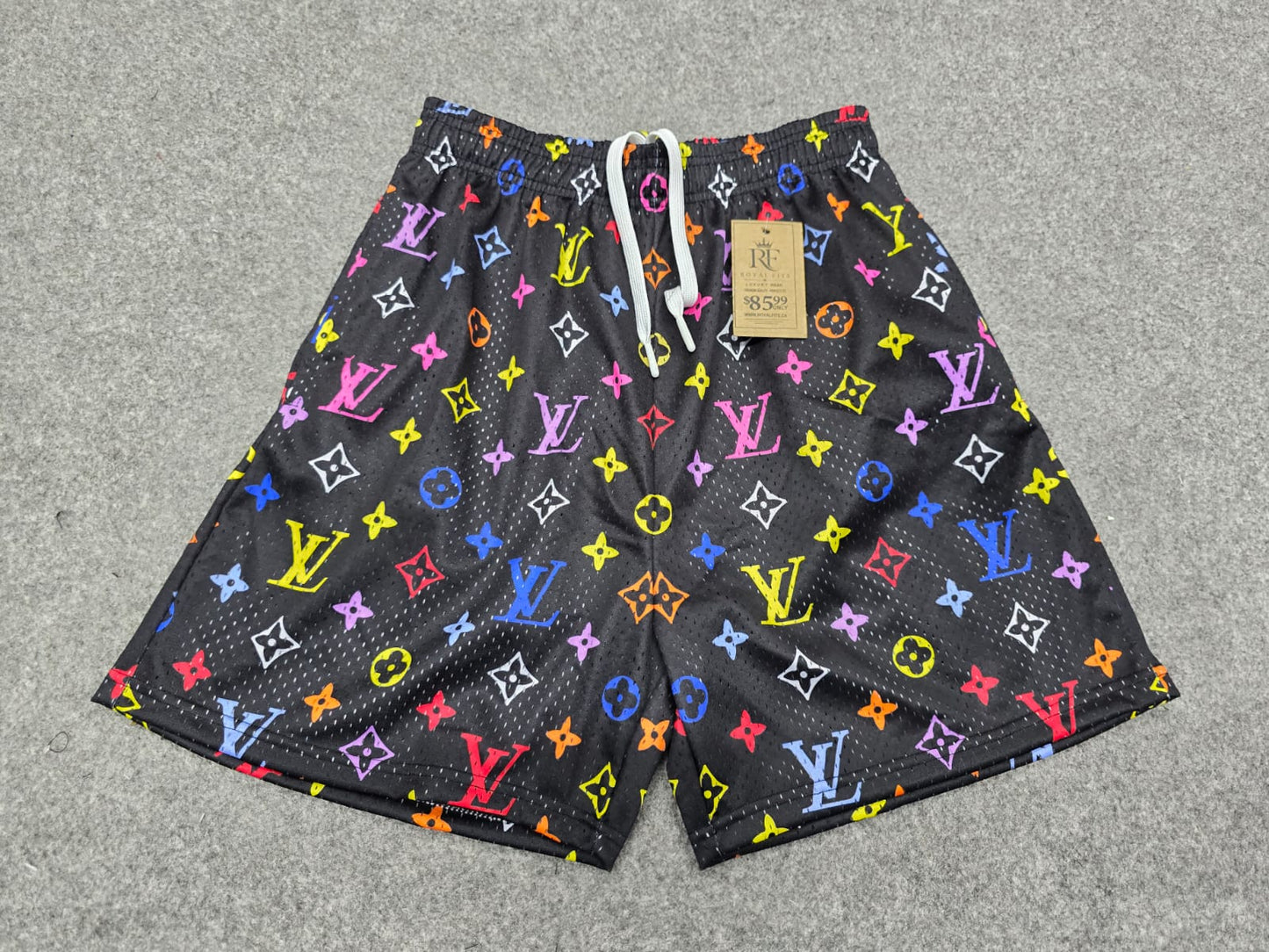 Unisex Black Multicolor Mesh Monogram Print Shorts - Breathable Athletic Casual Performance Shorts