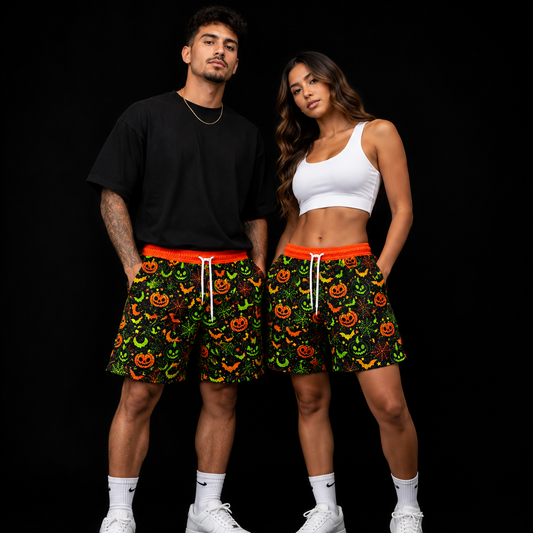 Black Orange & Neon Green Halloween Unisex Mesh Shorts – Unisex Streetwear Athletic Mesh Shorts