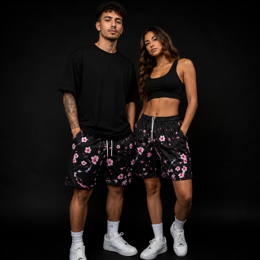 Black & Pink Cherry Blossom Unisex Mesh Shorts – Unisex Streetwear Athletic Mesh Shorts