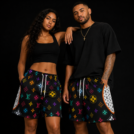 Black Multicolor Graphic Unisex Mesh Shorts – Unisex Streetwear Athletic Mesh Shorts