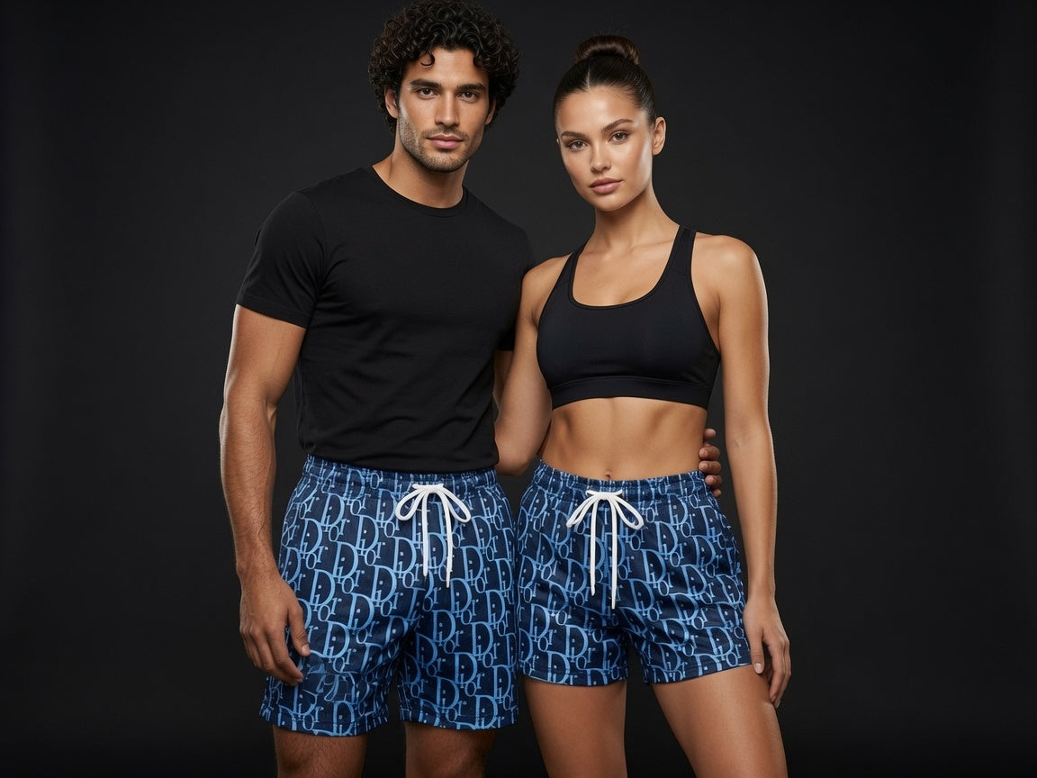 Unisex Luxury Monogram Print Shorts - Breathable Mesh Athletic Casual Beach Shorts