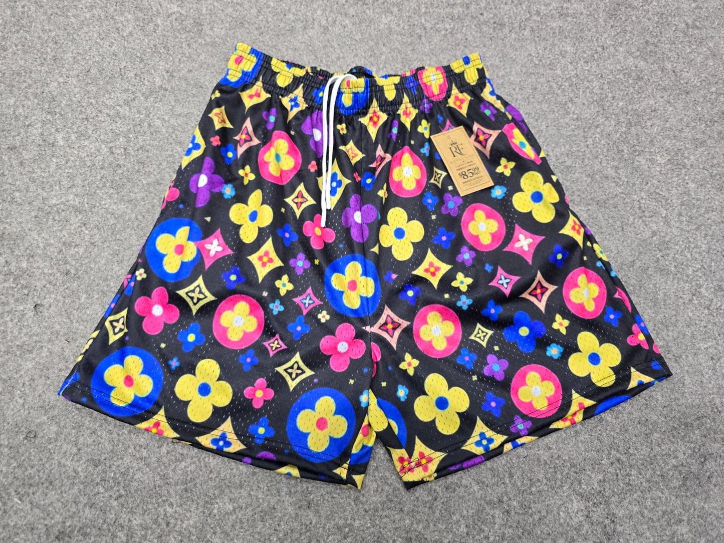 Unisex Black Multicolor Flower Monogram Mesh Shorts - Breathable Athletic Casual Performance Shorts