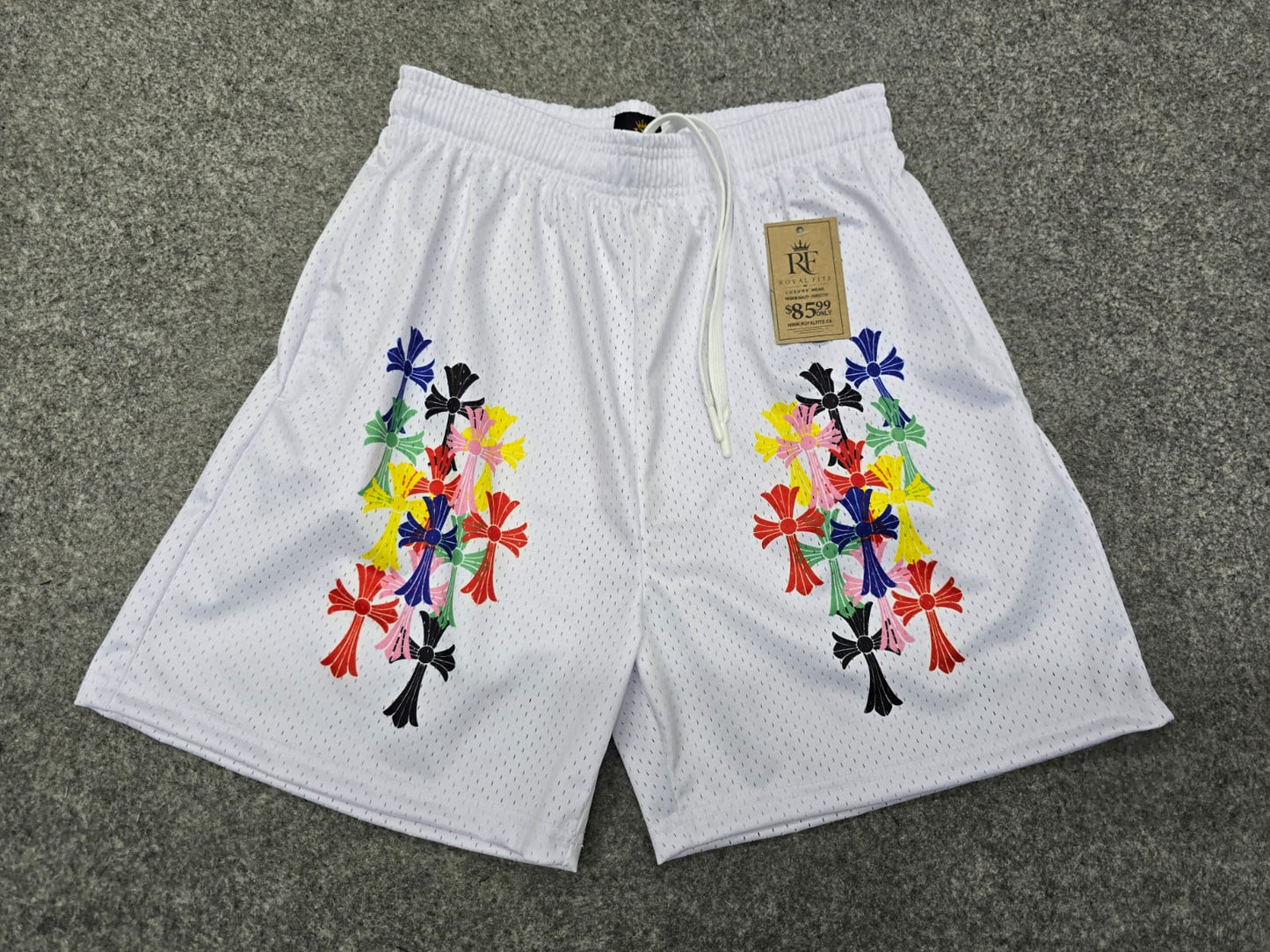 Unisex White Mesh Colorful Cross Print Shorts - Breathable Athletic Casual Performance Shorts