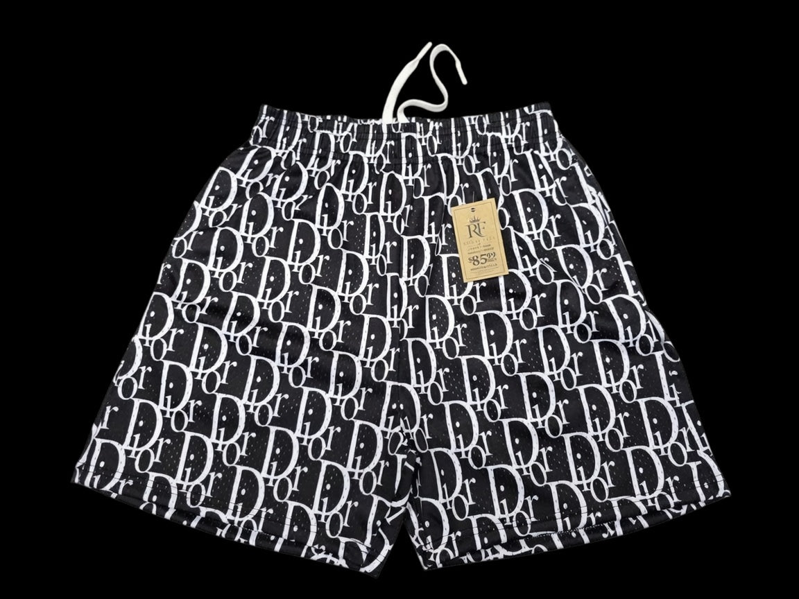 Monogram Print Mesh Athletic Shorts Black & White- Unisex Streetwear Shorts