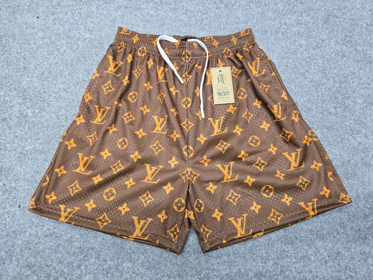 Unisex Brown Mesh Monogram Print Double Lined Shorts - Breathable Athletic Casual Performance Shorts