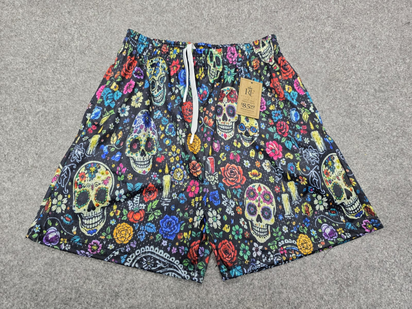 Unisex Black Mesh Sugar Skull Floral Print Shorts - Breathable Athletic Casual Performance Shorts