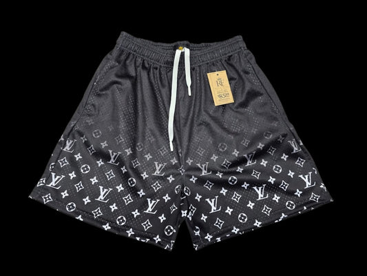 Unisex Black Mesh Monogram Print Shorts - Breathable Athletic Casual Performance Shorts
