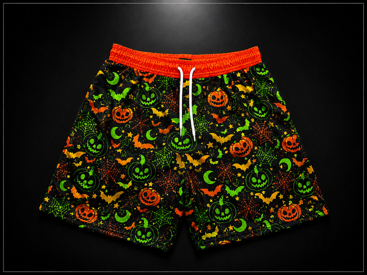 Black Orange & Neon Green Halloween Unisex Mesh Shorts – Unisex Streetwear Athletic Mesh Shorts