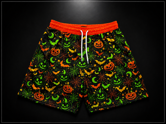 Black Orange & Neon Green Halloween Unisex Mesh Shorts – Unisex Streetwear Athletic Mesh Shorts