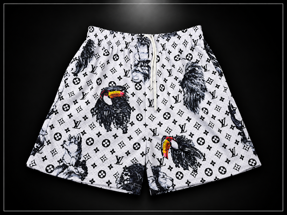 White & Black Wildlife Print Unisex Mesh Shorts – Unisex Streetwear Athletic Mesh Shorts
