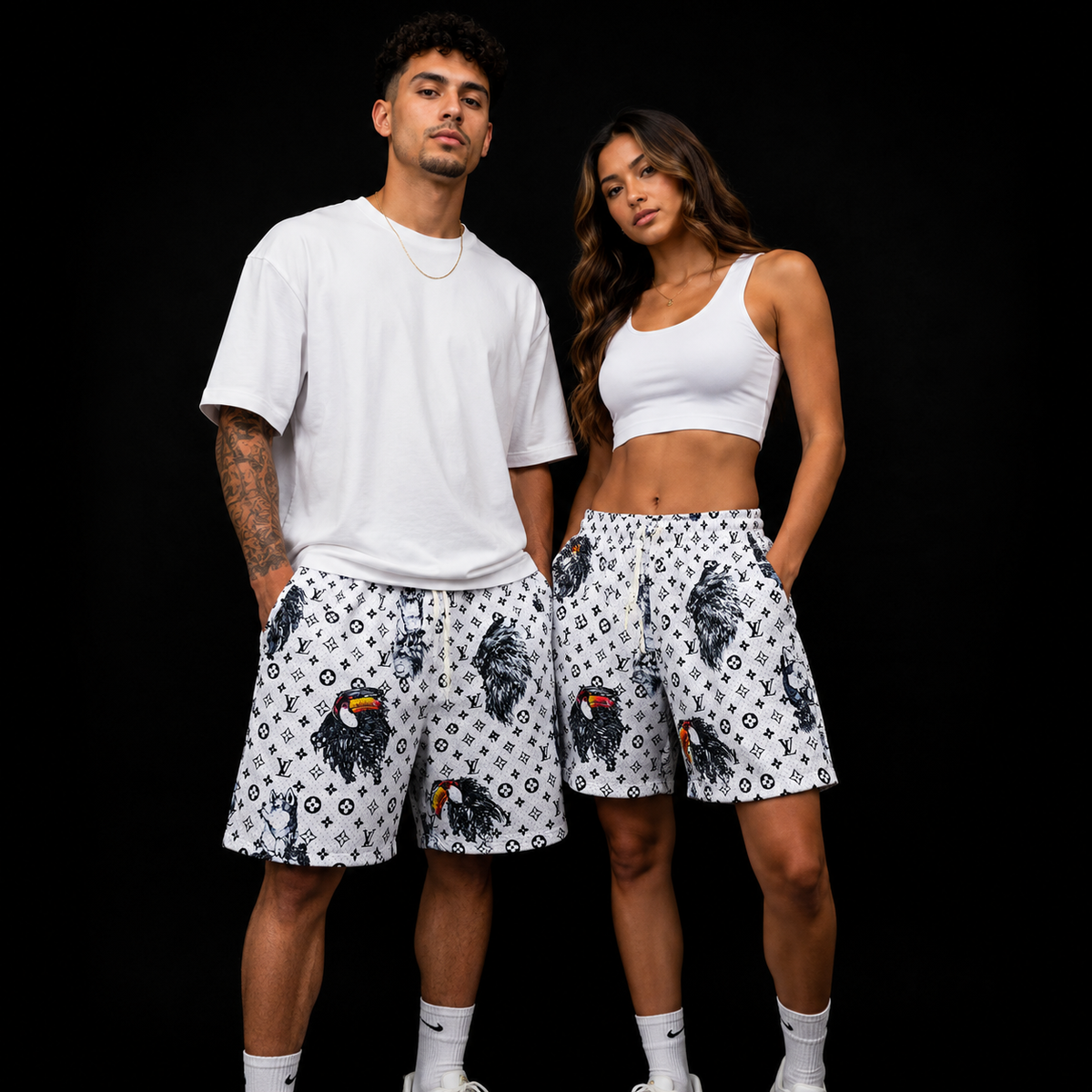 White & Black Wildlife Print Unisex Mesh Shorts – Unisex Streetwear Athletic Mesh Shorts