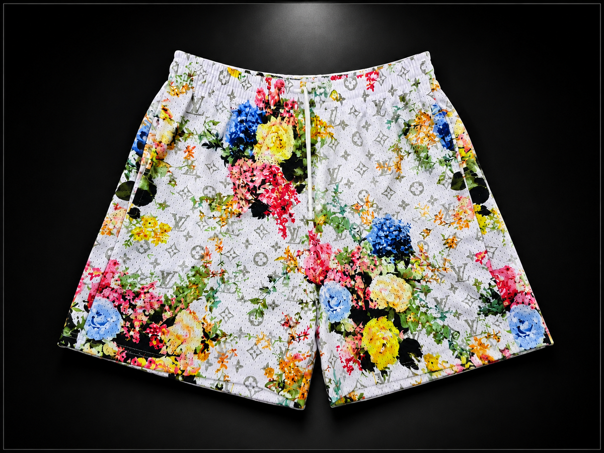 White Multicolor Floral Print Unisex Mesh Shorts– Unisex Streetwear Athletic Mesh Shorts