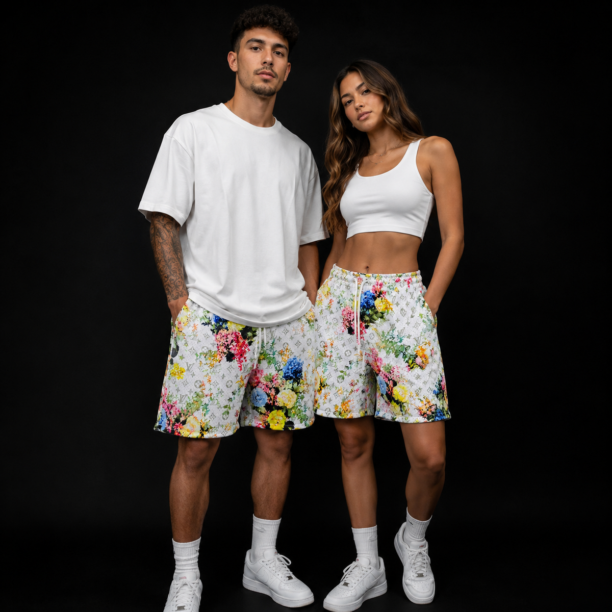 White Multicolor Floral Print Unisex Mesh Shorts– Unisex Streetwear Athletic Mesh Shorts