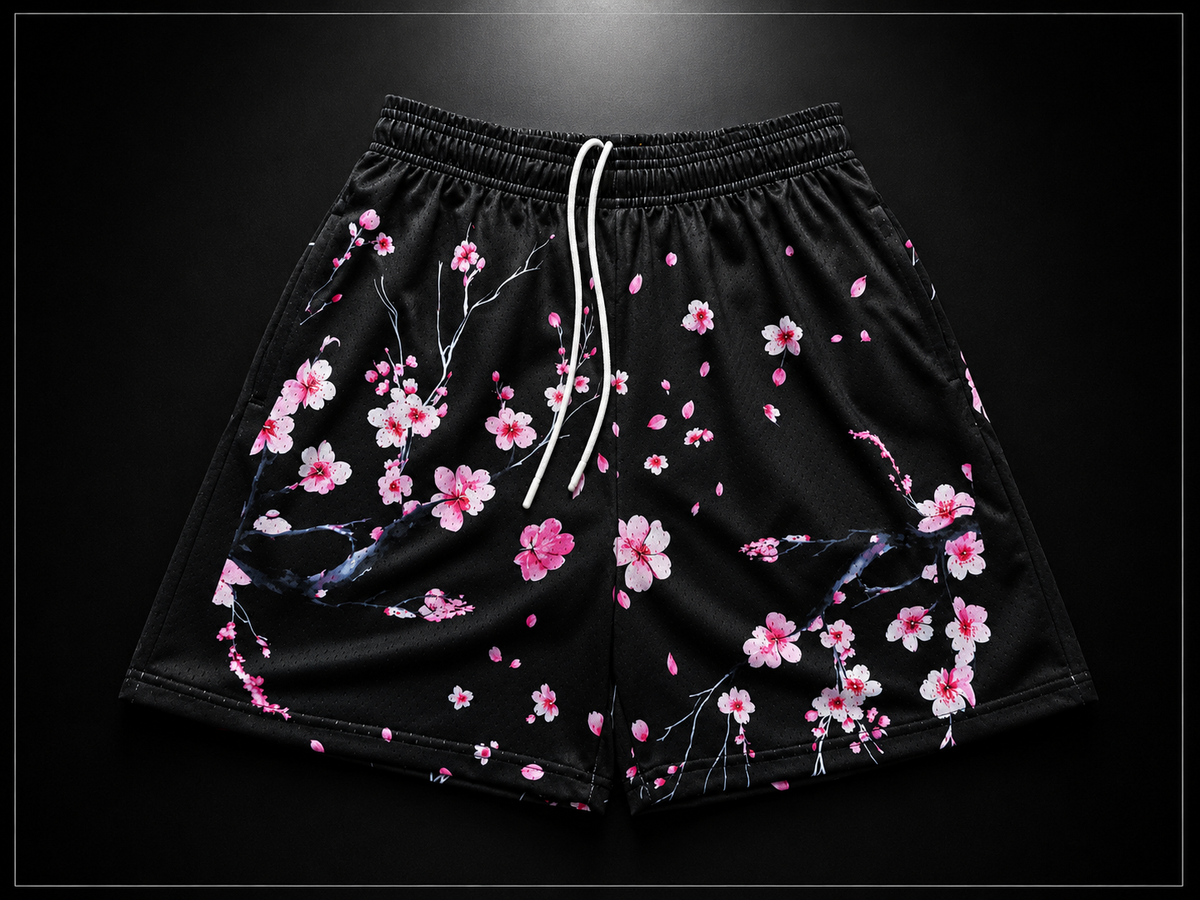 Black & Pink Cherry Blossom Unisex Mesh Shorts – Unisex Streetwear Athletic Mesh Shorts