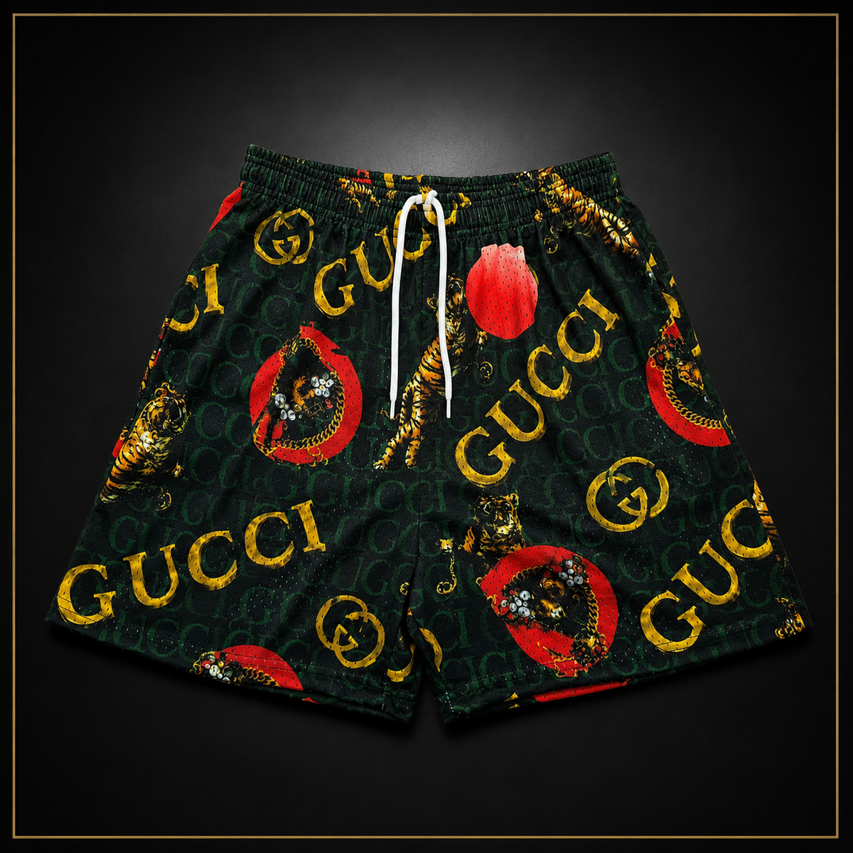 Dark Green Gold & Red Graphic Unisex Mesh Shorts – Unisex Streetwear Athletic Mesh Shorts