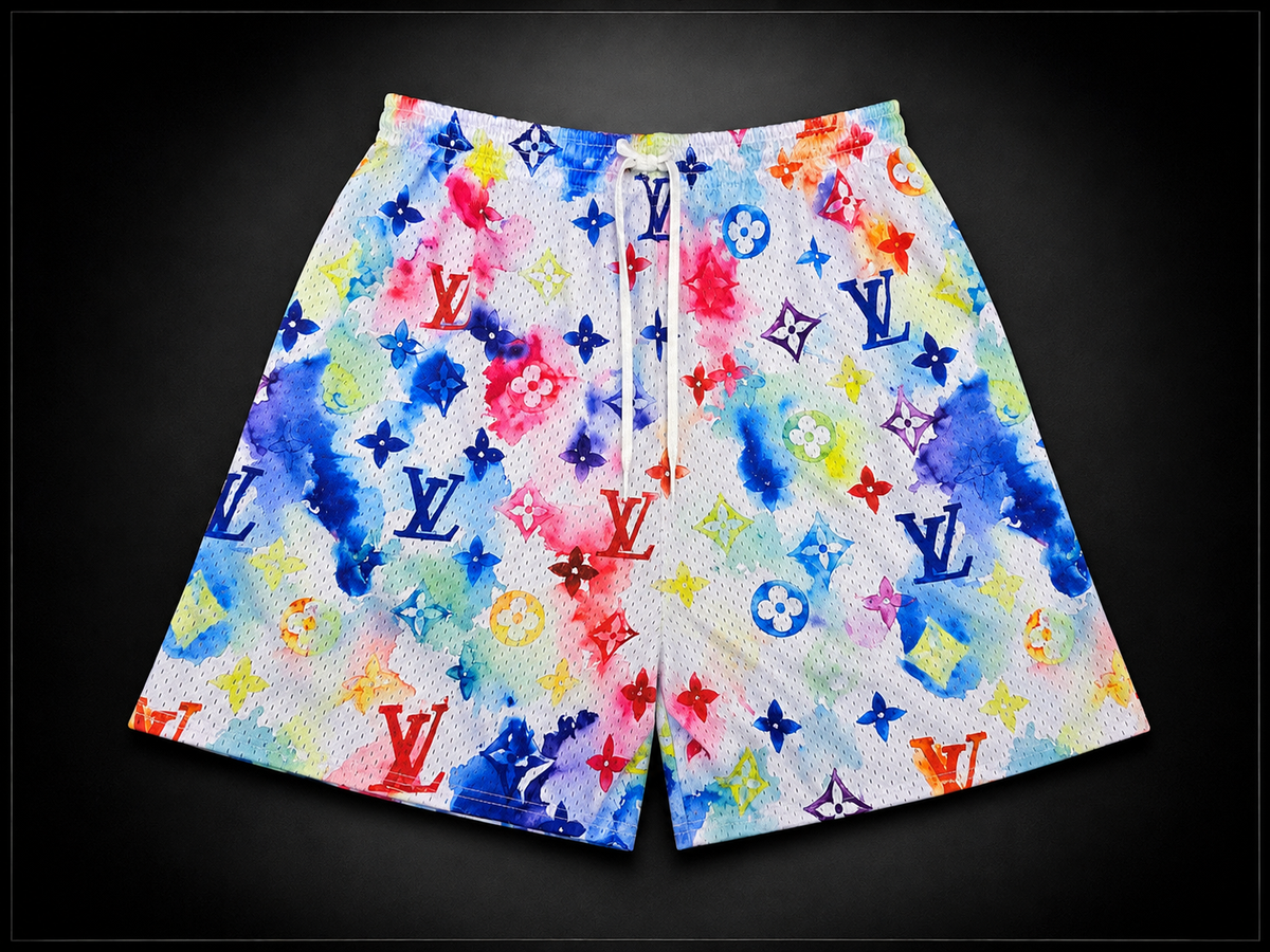 White Multicolor Watercolor Print Unisex Mesh Shorts – Unisex Streetwear Athletic Mesh Shorts