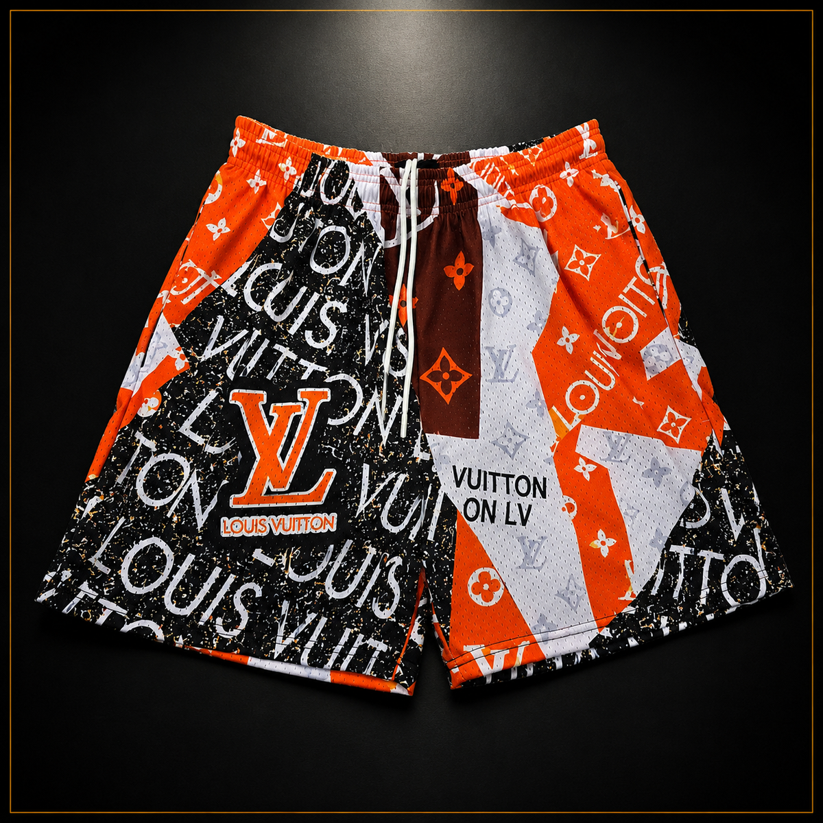 Orange Black & White Graphic Unisex Mesh Shorts – Unisex Streetwear Athletic Mesh Shorts