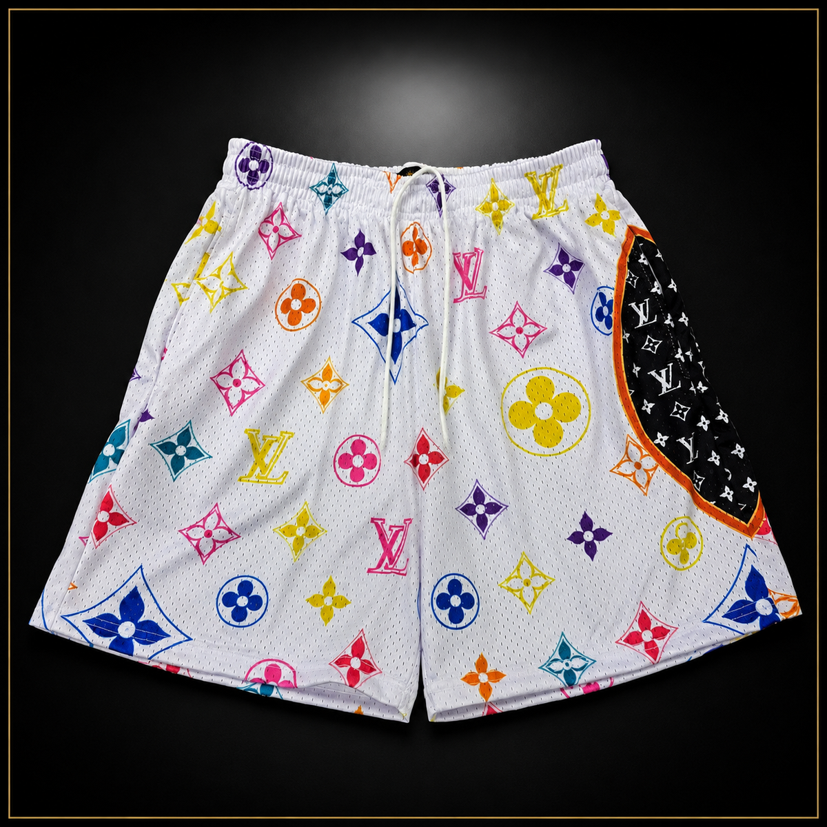 White Multicolor Graphic Unisex Mesh Shorts – Unisex Streetwear Athletic Mesh Shorts