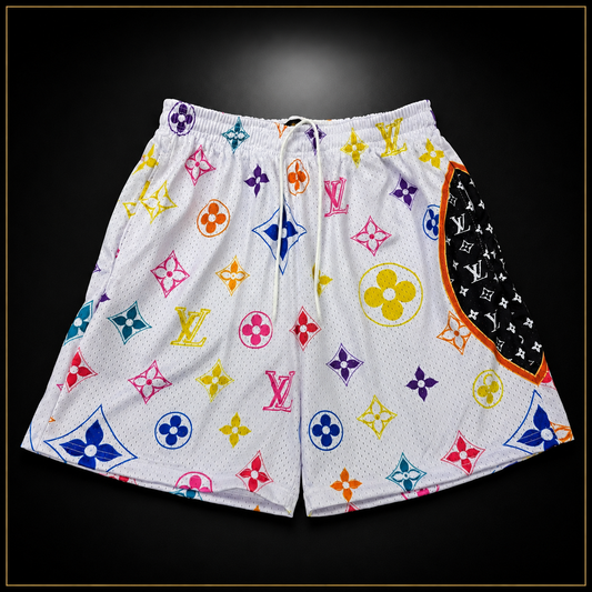 White Multicolor Graphic Unisex Mesh Shorts – Unisex Streetwear Athletic Mesh Shorts