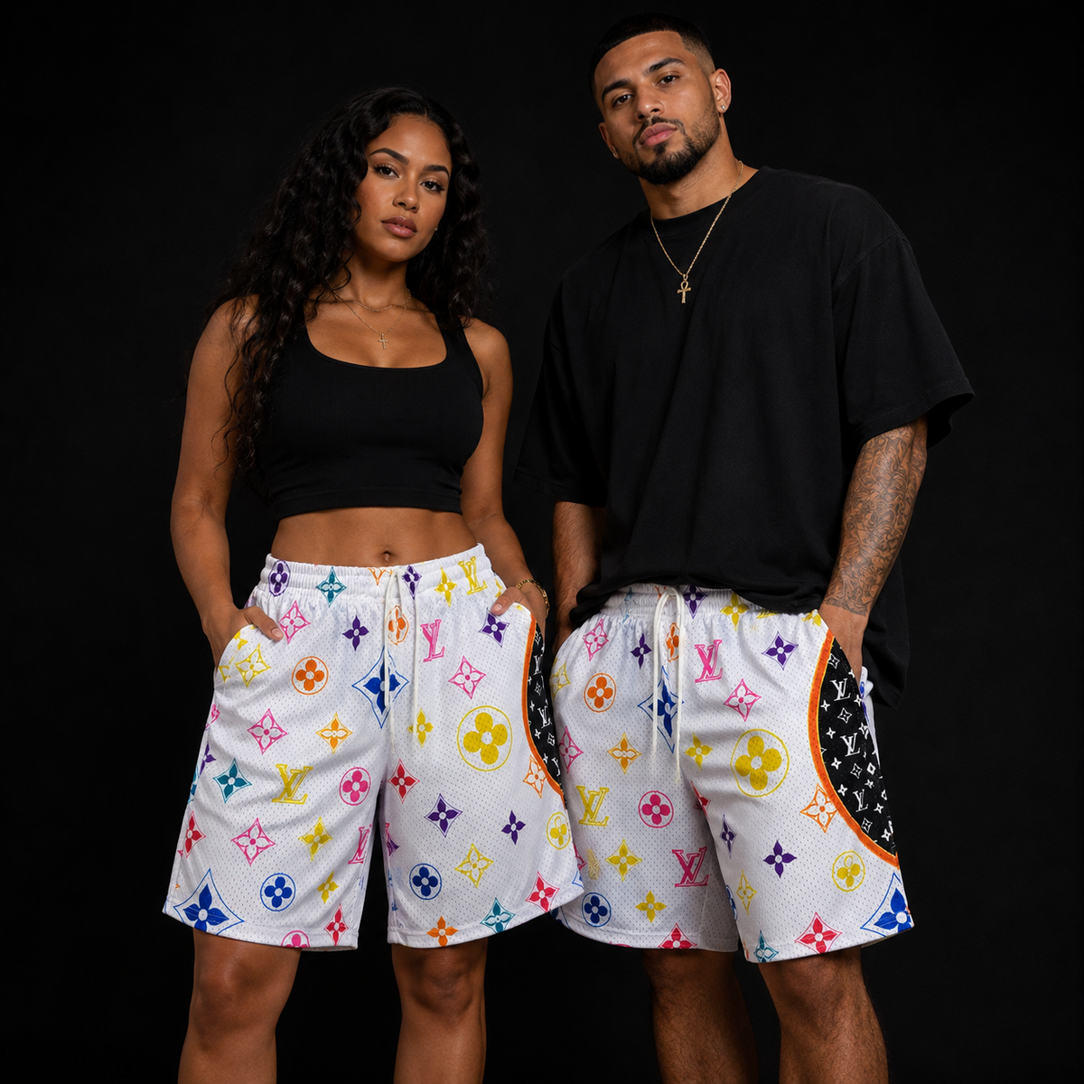 White Multicolor Graphic Unisex Mesh Shorts – Unisex Streetwear Athletic Mesh Shorts