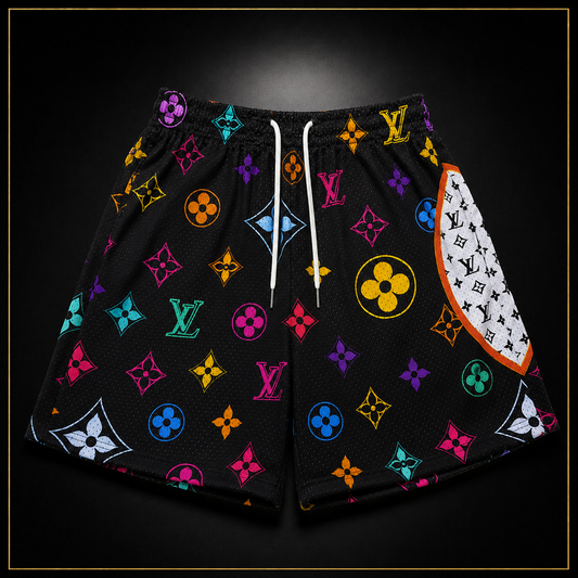 Black Multicolor Graphic Unisex Mesh Shorts – Unisex Streetwear Athletic Mesh Shorts