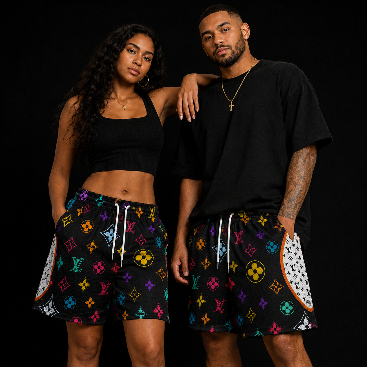 Black Multicolor Graphic Unisex Mesh Shorts – Unisex Streetwear Athletic Mesh Shorts