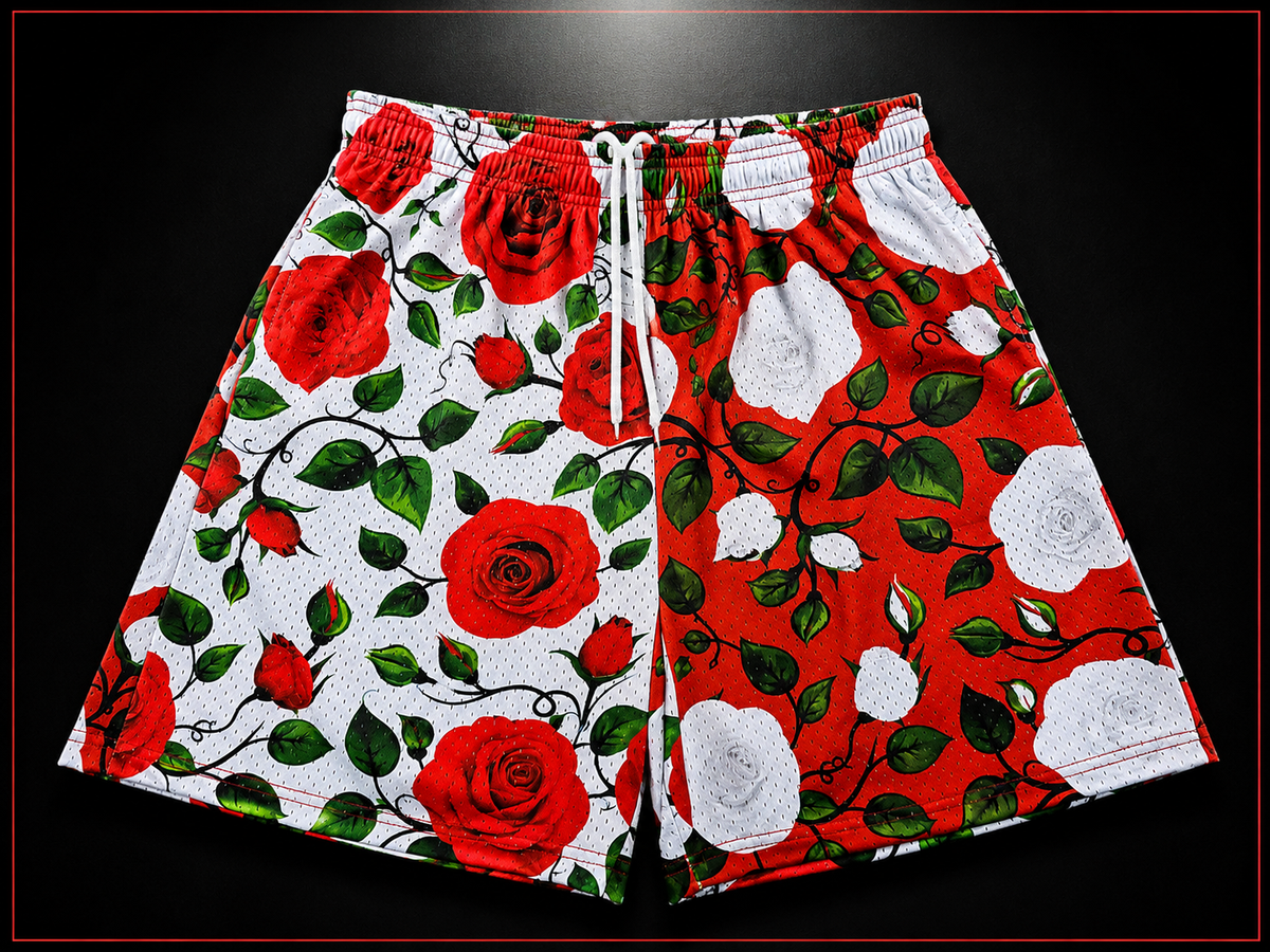 Red White & Green Rose Print Unisex Mesh Shorts – Unisex Streetwear Athletic Mesh Shorts
