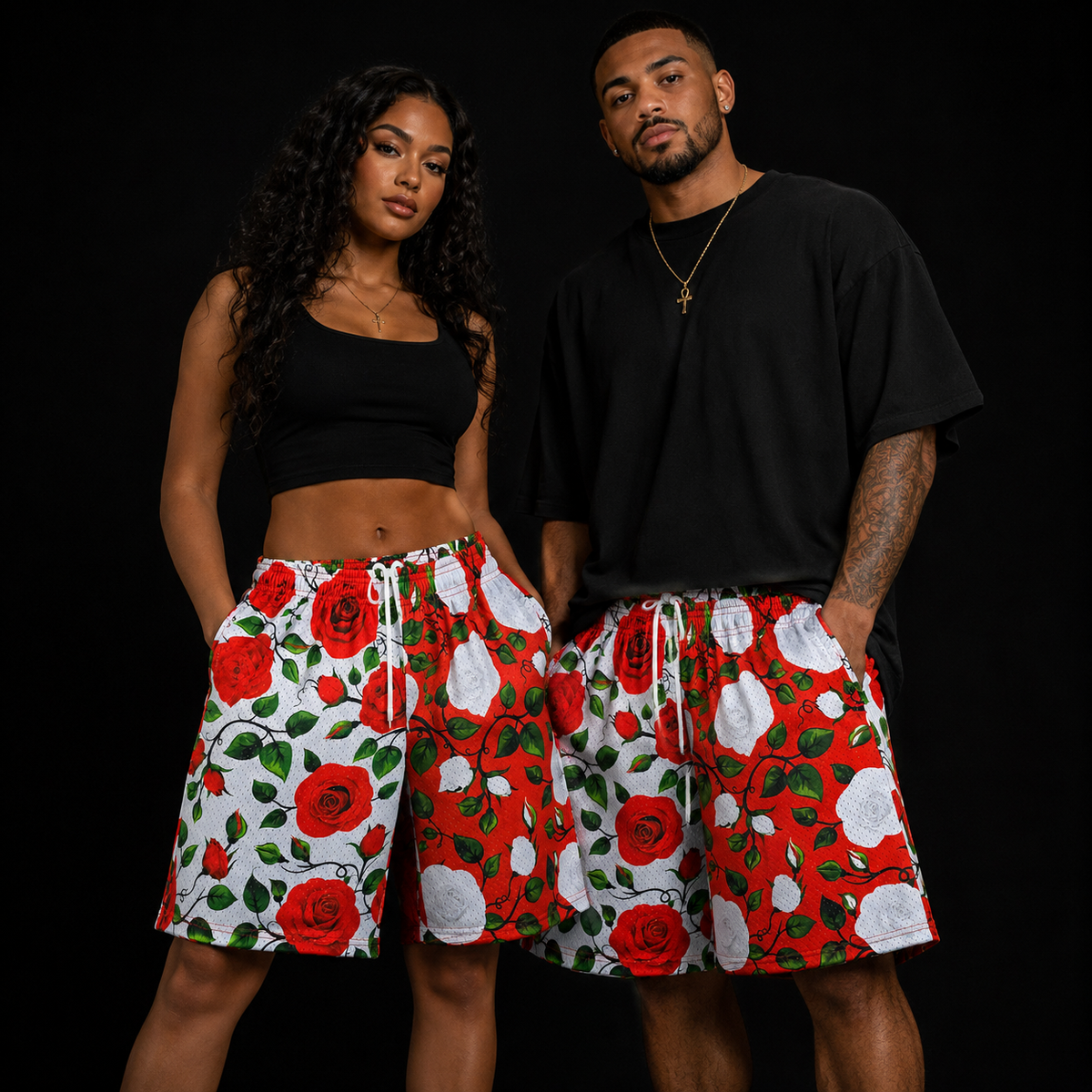 Red White & Green Rose Print Unisex Mesh Shorts – Unisex Streetwear Athletic Mesh Shorts