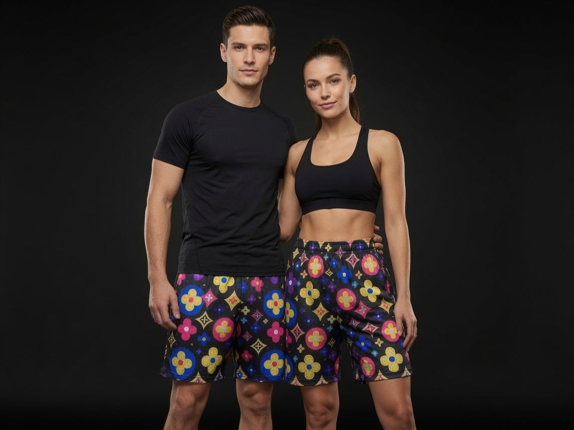 Unisex Black Multicolor Flower Monogram Mesh Shorts - Breathable Athletic Casual Performance Shorts