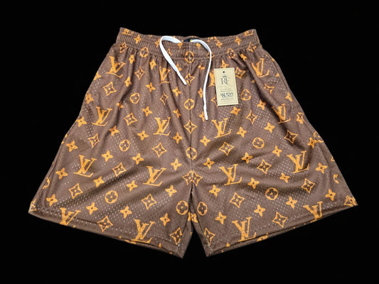 Unisex Brown Mesh Monogram Print Double Lined Shorts - Breathable Athletic Casual Performance Shorts