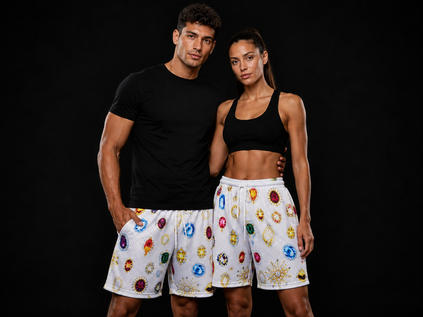 White Multicolor Gem Print Mesh Shorts – Unisex Streetwear Athletic Mesh Shorts