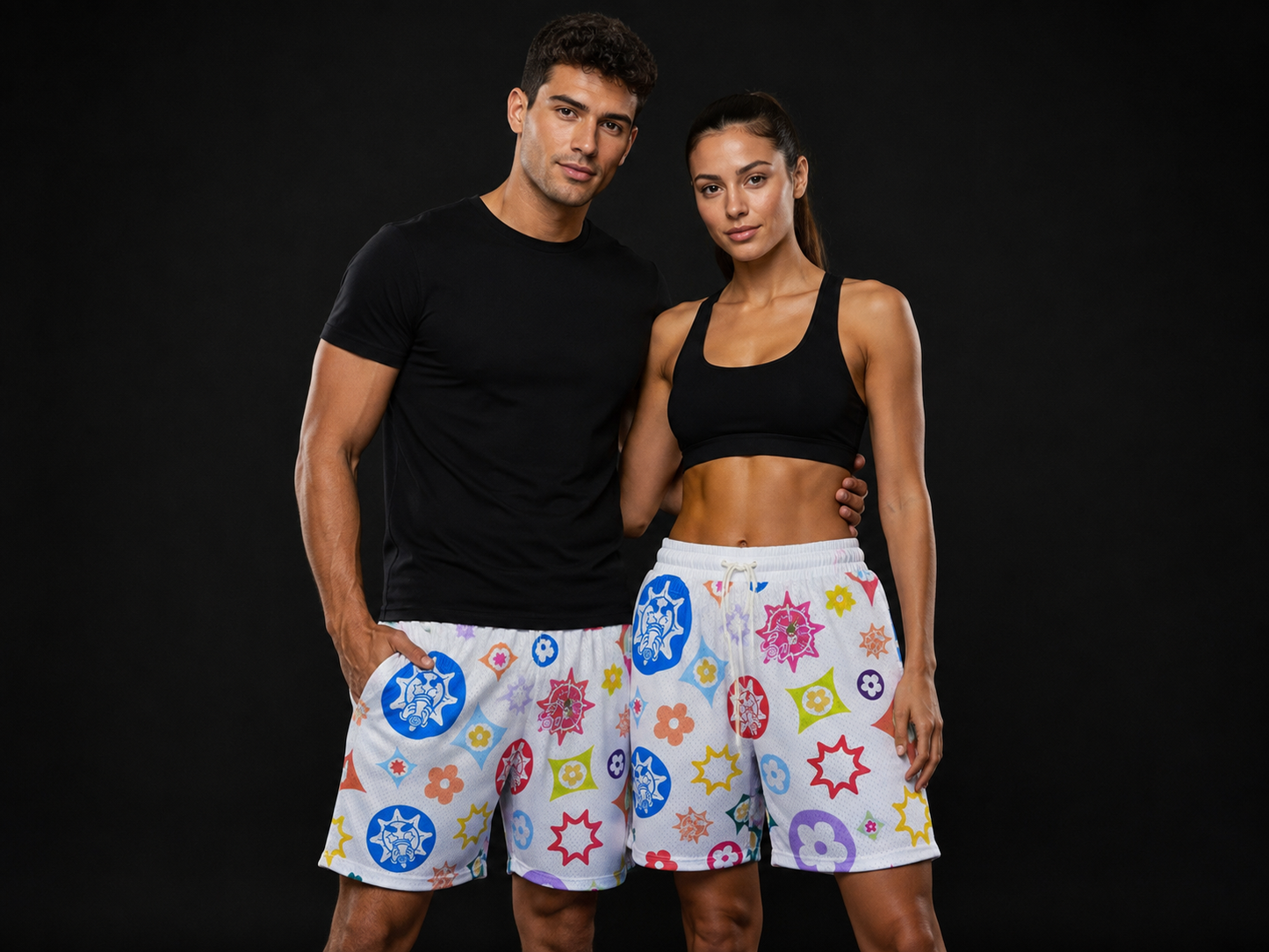 White Multicolor Graphic Mesh Shorts – Unisex Streetwear Athletic Mesh Shorts