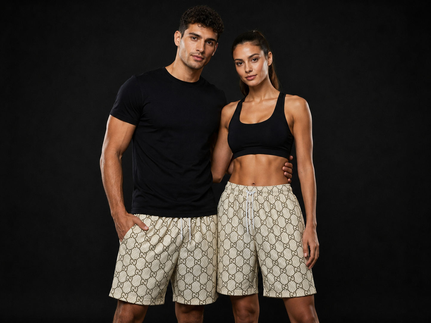 Beige Monogram Print Mesh Shorts – Unisex Streetwear Athletic Mesh Shorts
