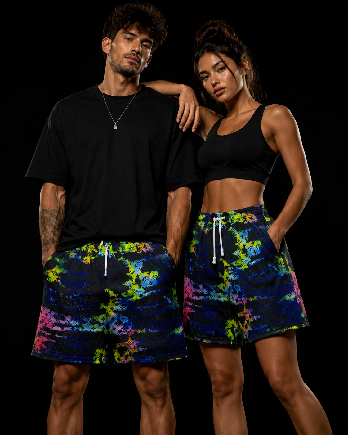 Color Splash Mesh Branded Shorts – Unisex Designer Streetwear
