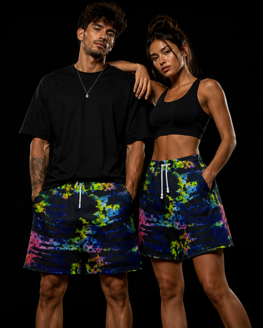 Color Splash Mesh Branded Shorts – Unisex Designer Streetwear