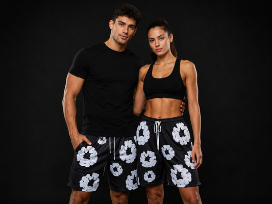Black & White Floral Graphic Mesh Shorts – Unisex Streetwear Athletic Mesh Shorts