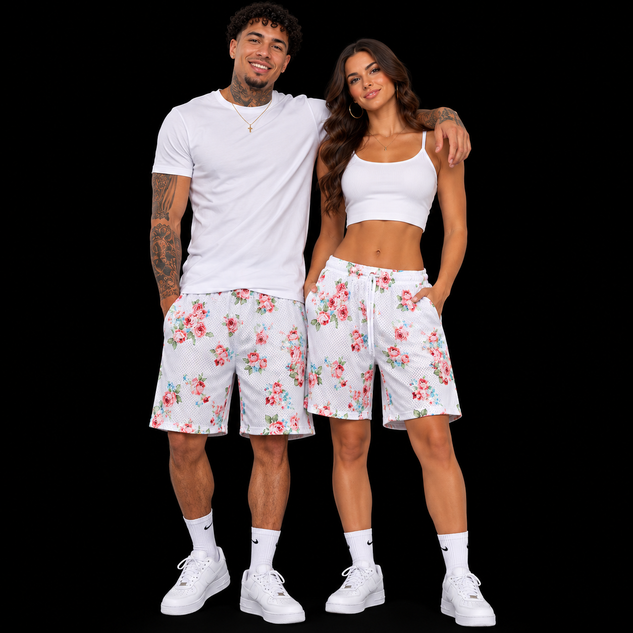 White Pink Floral Mesh Shorts – Unisex Streetwear Athletic Mesh Shorts