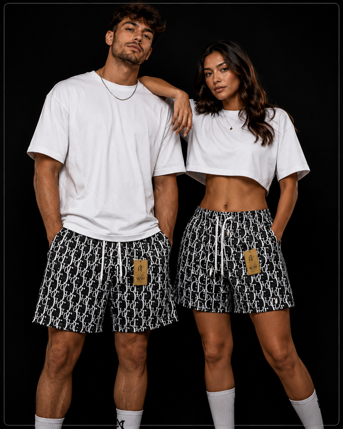 Monogram Print Mesh Athletic Shorts Black & White- Unisex Streetwear Shorts