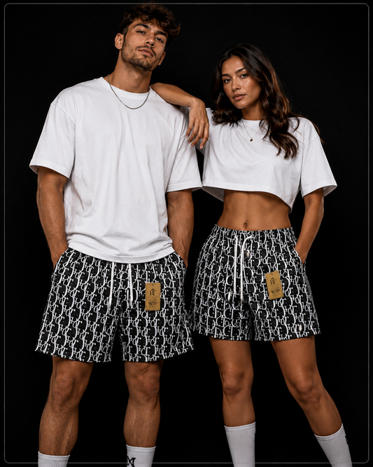 Monogram Print Mesh Athletic Shorts Black & White- Unisex Streetwear Shorts