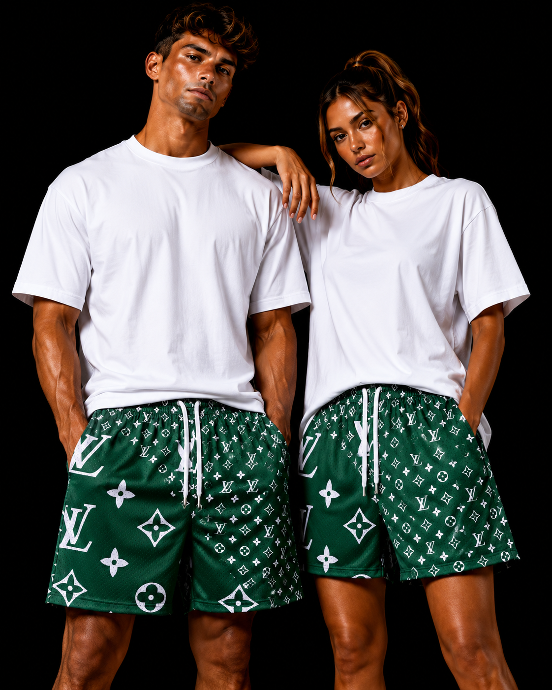 Unisex Double-Layer Mesh Shorts – Green Graphic Athletic Streetwear Shorts