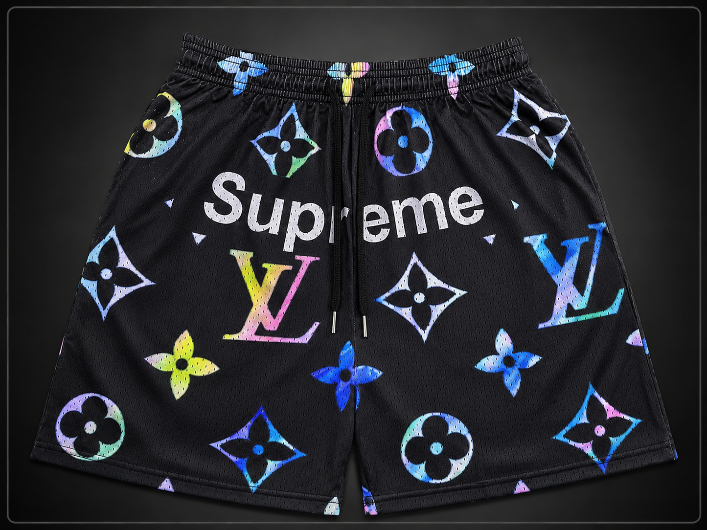 Unisex Double-Layer Mesh Shorts – Black Multi-Color Graphic Athletic Streetwear Shorts