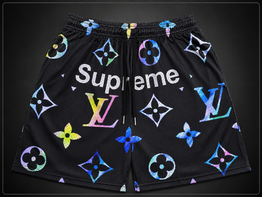 Unisex Double-Layer Mesh Shorts – Black Multi-Color Graphic Athletic Streetwear Shorts