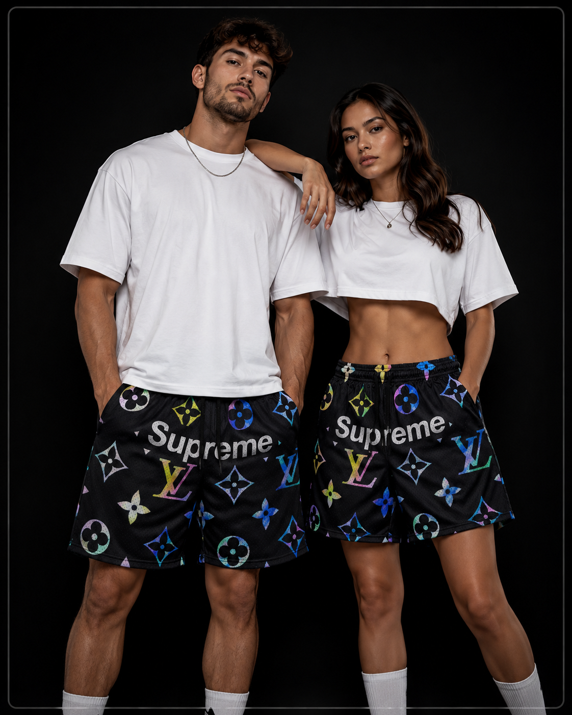 Unisex Double-Layer Mesh Shorts – Black Multi-Color Graphic Athletic Streetwear Shorts