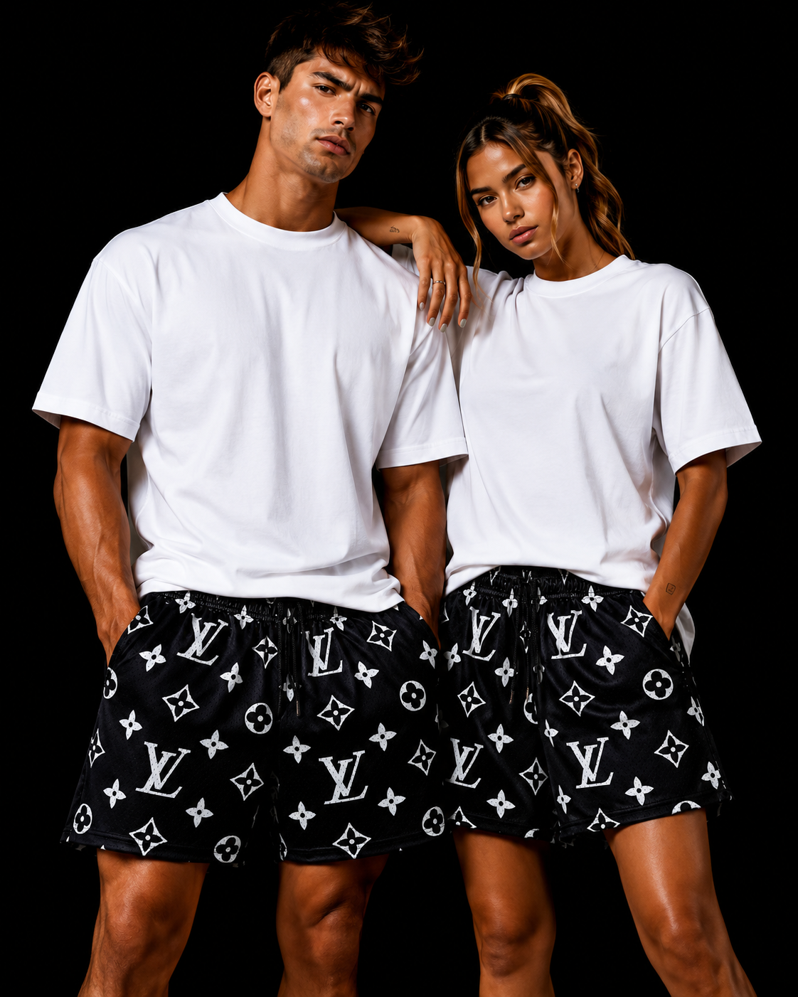 Unisex Double-Layer Mesh Shorts – Black Graphic Print Athletic Streetwear Shorts