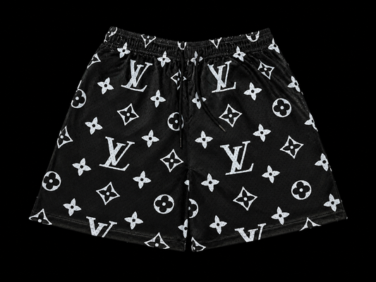 Unisex Double-Layer Mesh Shorts – Black Graphic Print Athletic Streetwear Shorts