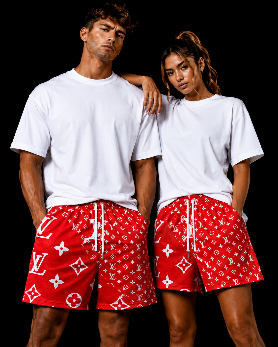 Mesh Mart Unisex Double-Layer Mesh Shorts – Red Graphic Print Athletic Streetwear Shorts