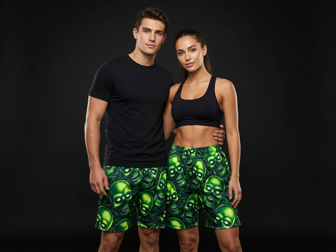 Unisex Green Skull Mesh Shorts - Breathable Athletic Casual Performance Shorts