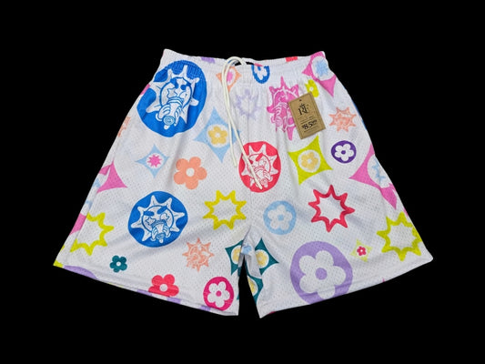 White Multicolor Graphic Mesh Shorts – Unisex Streetwear Athletic Mesh Shorts