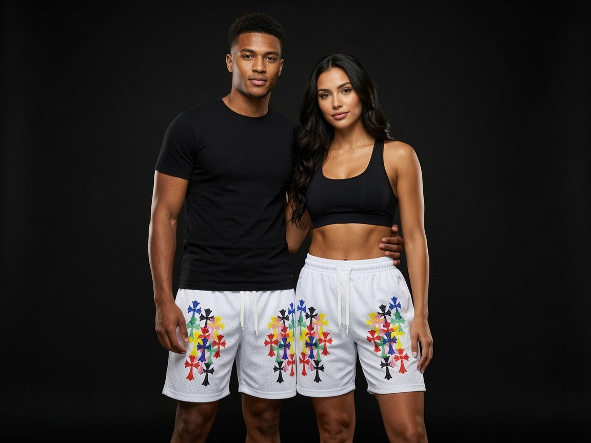 Unisex White Mesh Colorful Cross Print Shorts - Breathable Athletic Casual Performance Shorts