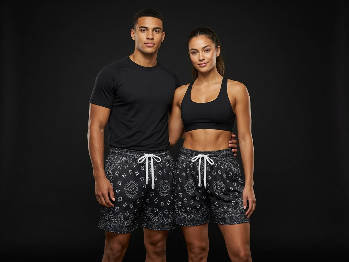 Unisex Black White Bandana Paisley Mesh Shorts - Breathable Athletic Casual Performance Shorts